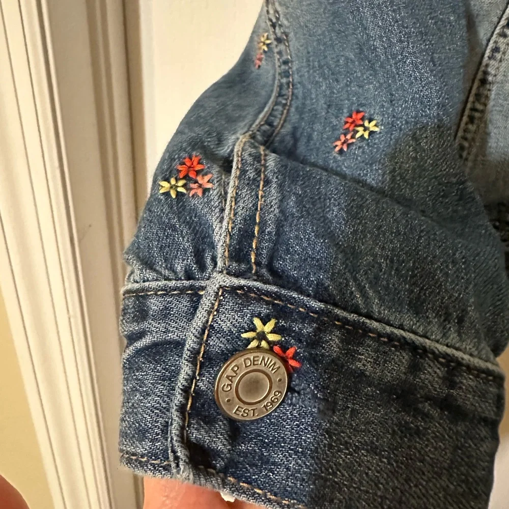 GAP Kids Light Blue Denim Jacket with Red Floral Accents